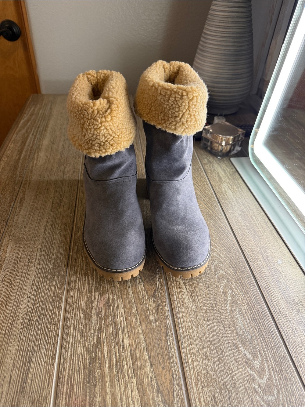 Women's Grey Suede Fold-Over Shearling Boot